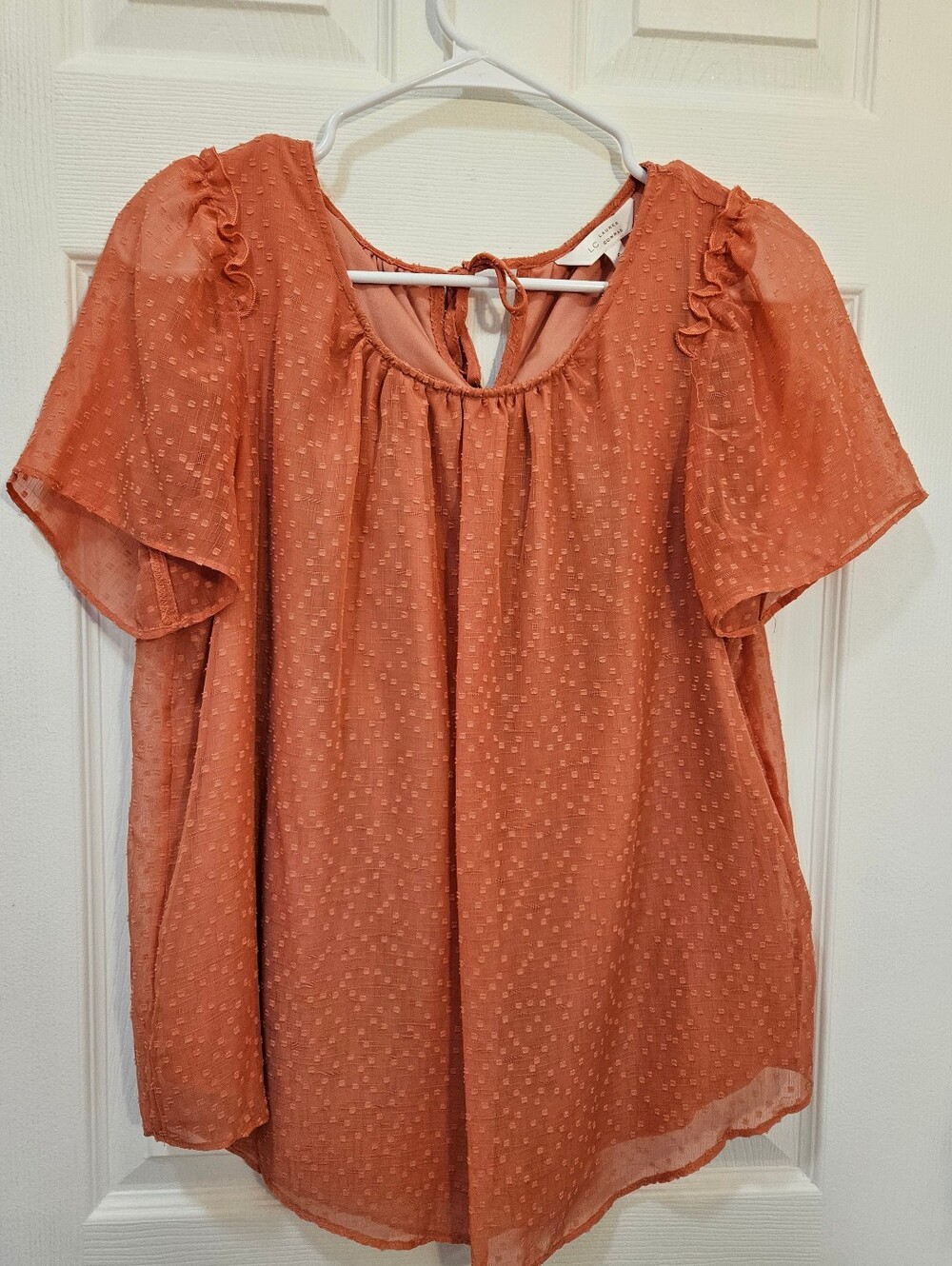 LC Lauren Conrad Rust Orange Swiss Dot Flutter Sleeve Blouse